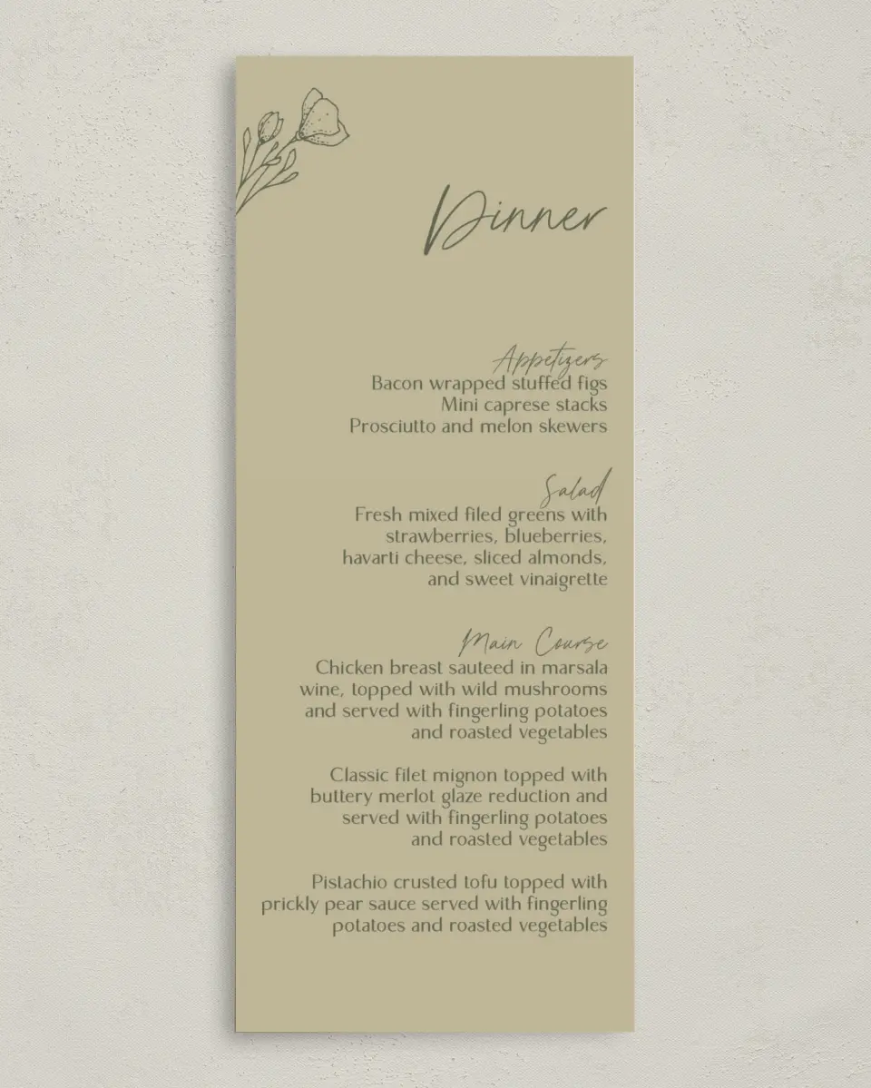 This is a 3⅝" x 8⅞" Wedding Menu Card called Idyllic Love printed in full color on Premium Smooth paper