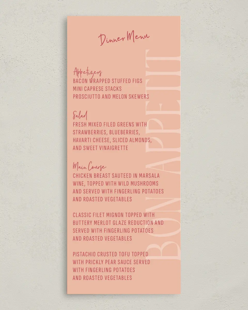 This is a 3⅝" x 8⅞" Wedding Menu Card called Lovey-Dovey printed in full color on Premium Smooth paper