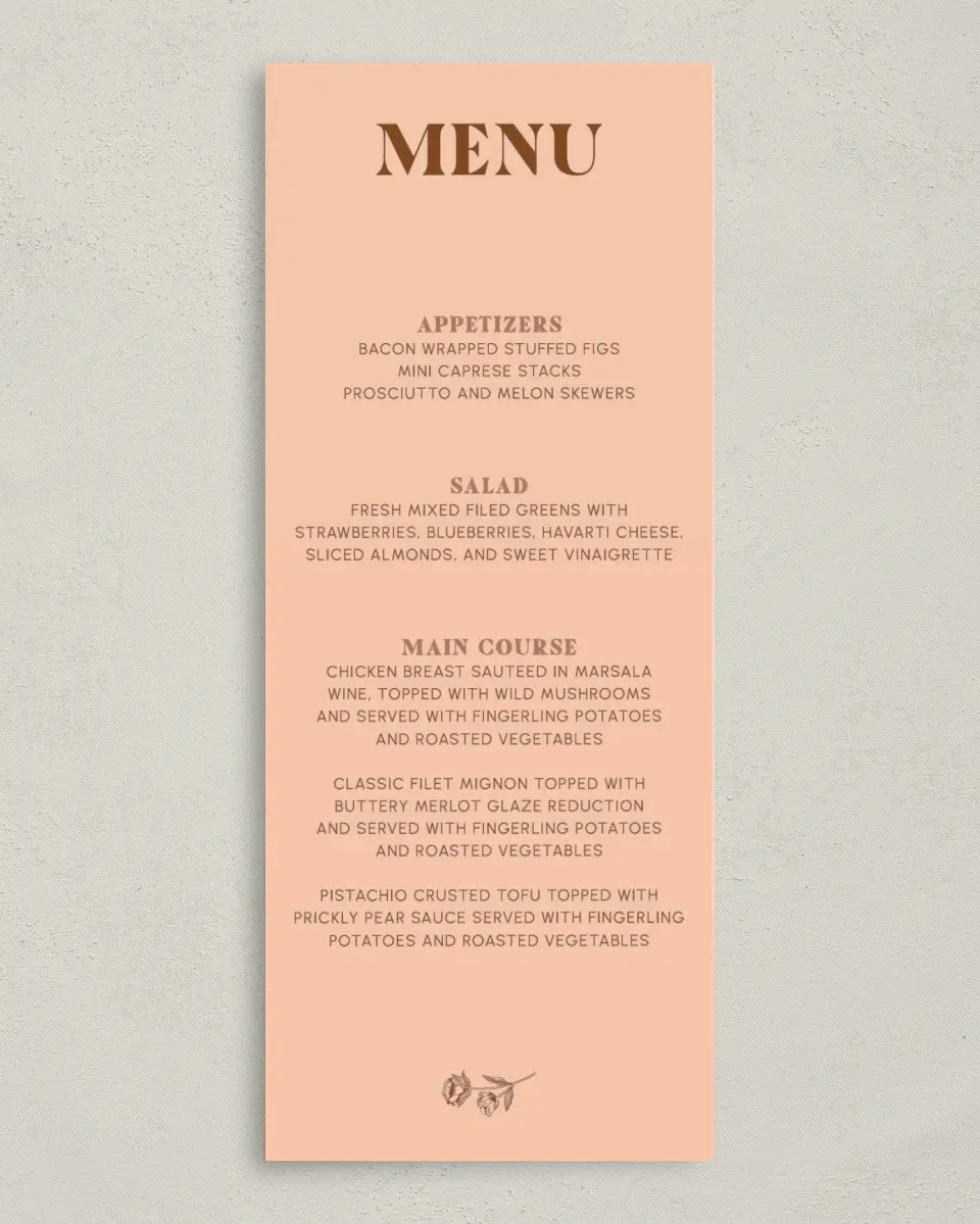 This is a 3⅝" x 8⅞" Wedding Menu Card called Agrestal printed in full color on Premium Smooth paper