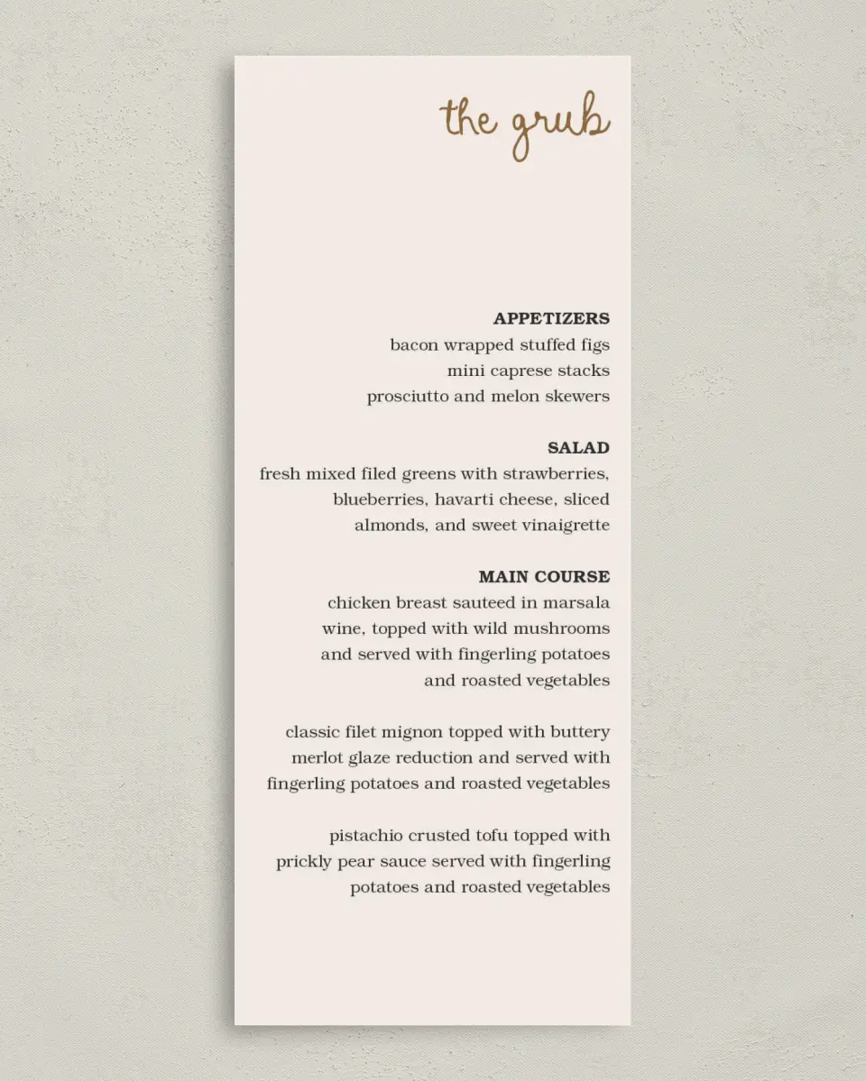 This is a 3⅝" x 8⅞" Wedding Menu Card called Head Over Boots printed in full color on Premium Smooth paper