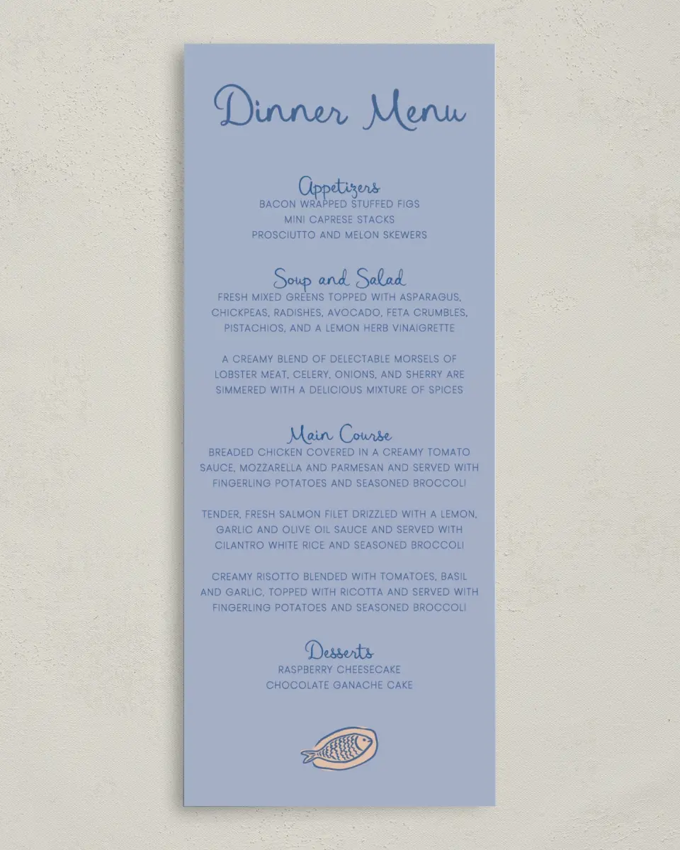 This is a 3⅝" x 8⅞" Wedding Menu Card called Abyssal Love printed in full color on Premium Smooth paper