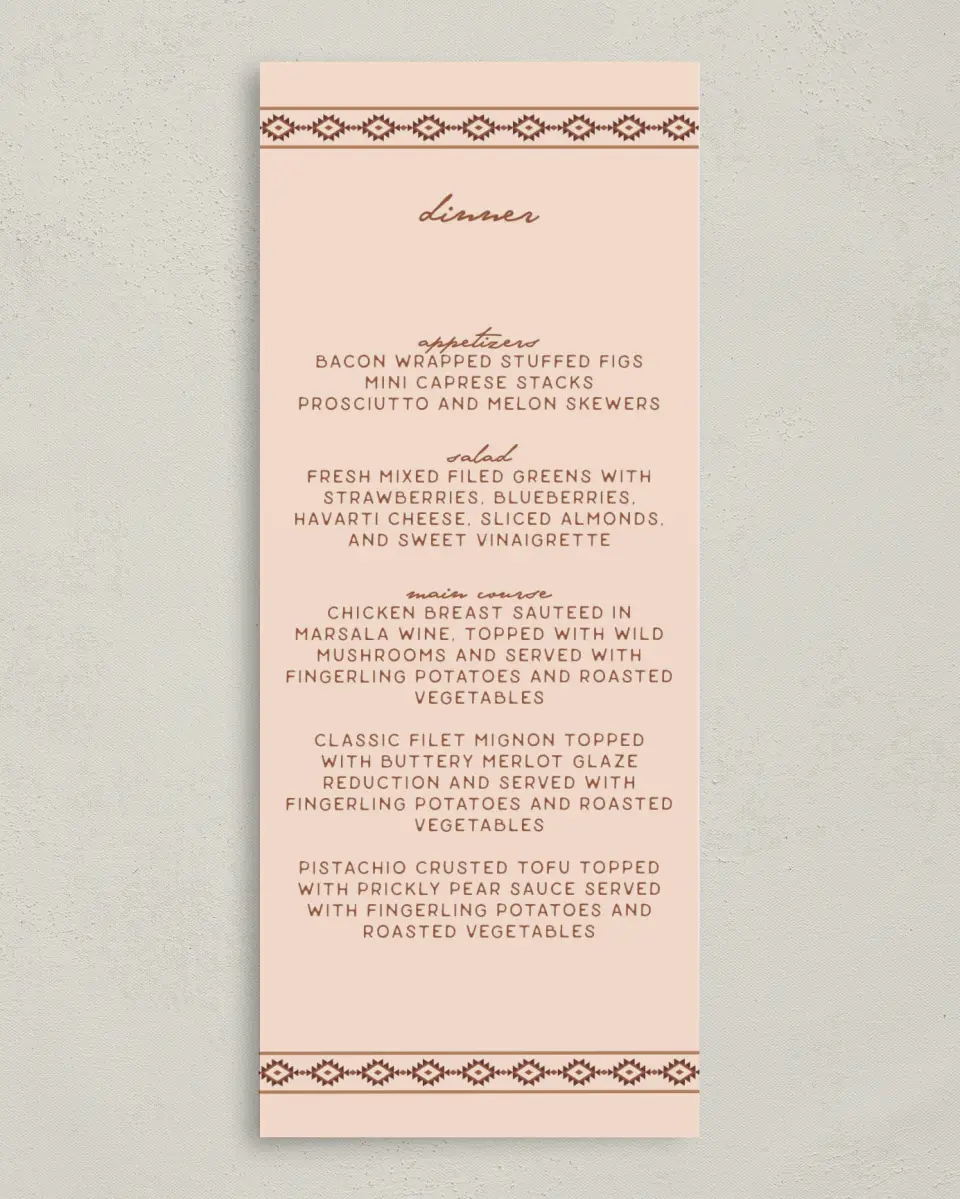 This is a 3⅝" x 8⅞" Wedding Menu Card called Wild at Heart printed in full color on Premium Smooth paper