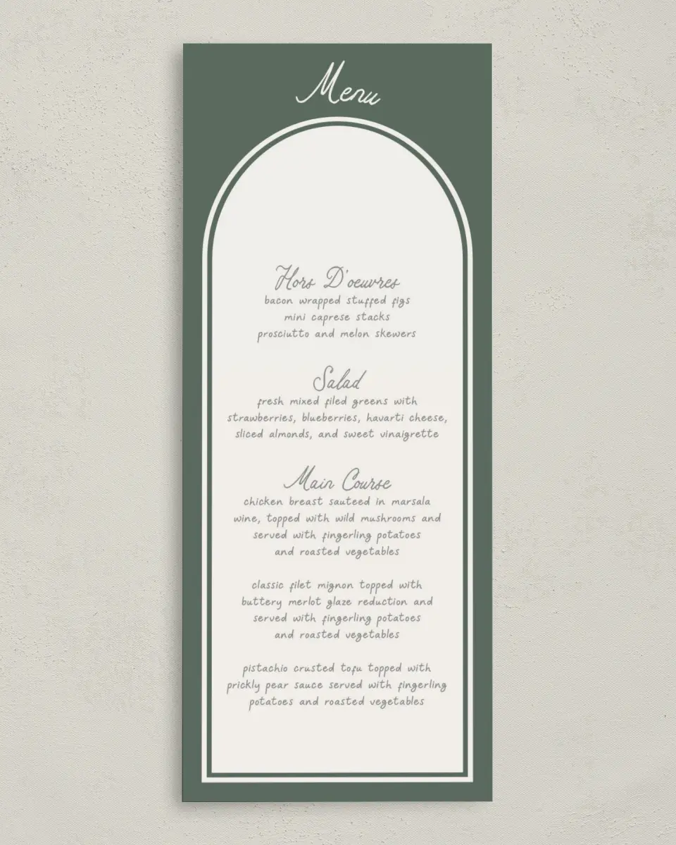 This is a 3⅝" x 8⅞" Wedding Menu Card called Elevated Adventures printed in full color on Premium Smooth paper