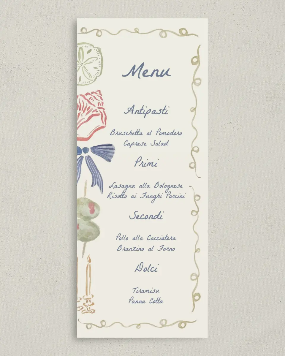 This is a 3⅝" x 8⅞" Wedding Menu Card called Positano Daydream printed in full color on Premium Smooth paper