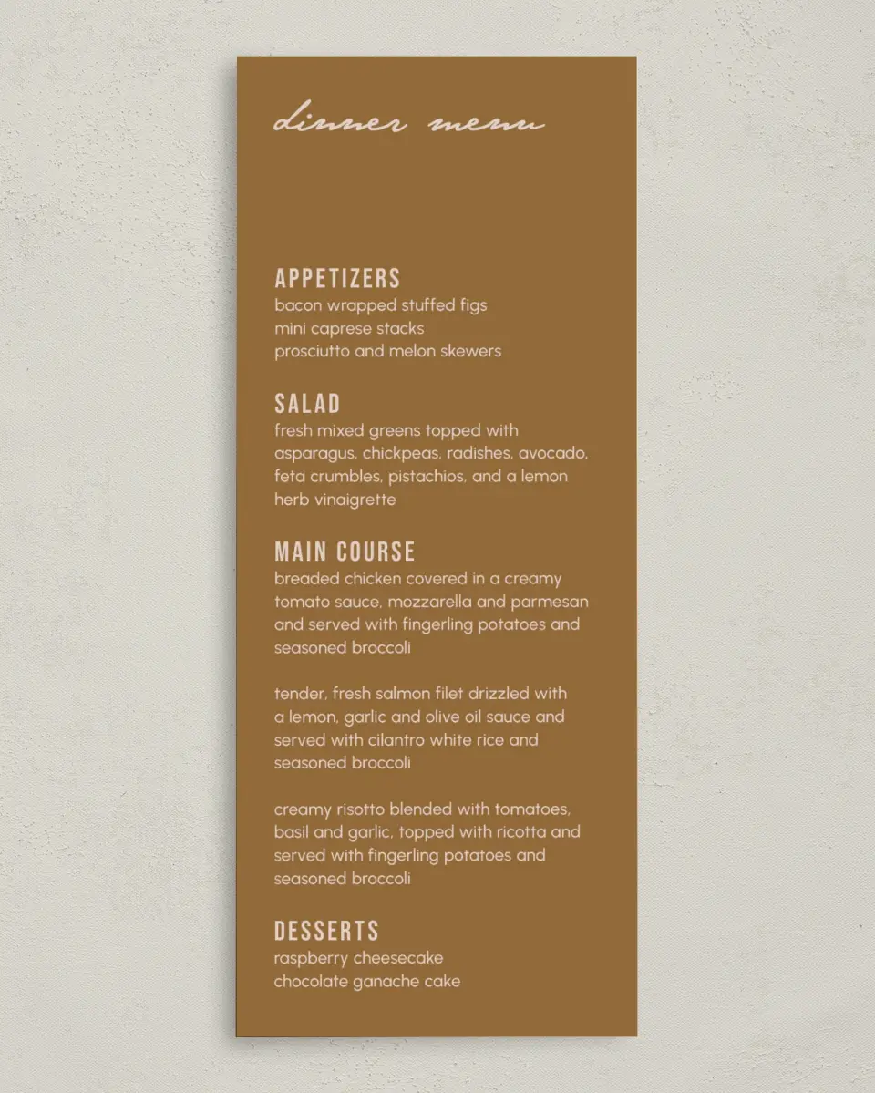 This is a 3⅝" x 8⅞" Wedding Menu Card called Urban Essence printed in full color on Premium Smooth paper