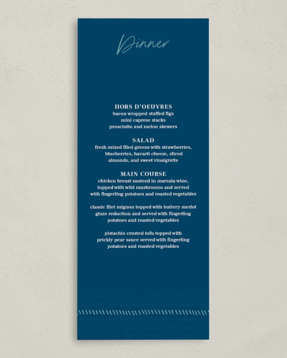 This is a 3⅝" x 8⅞" Wedding Menu Card called Spirited Academics printed in full color on Premium Smooth paper