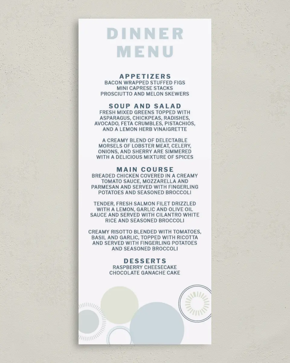This is a 3⅝" x 8⅞" Wedding Menu Card called Popular Spot printed in full color on Premium Smooth paper