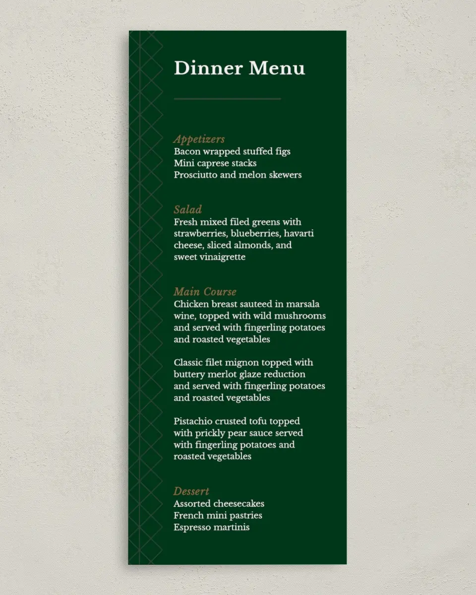 This is a 3⅝" x 8⅞" Wedding Menu Card called Enduring Evergreen printed in full color on Premium Smooth paper