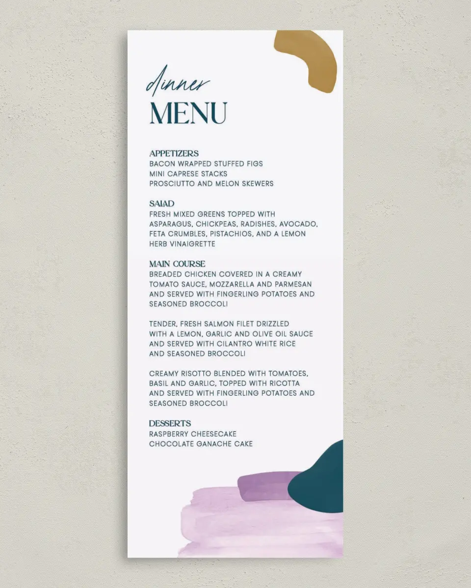 This is a 3⅝" x 8⅞" Wedding Menu Card called Cordially Colorful printed in full color on Premium Smooth paper