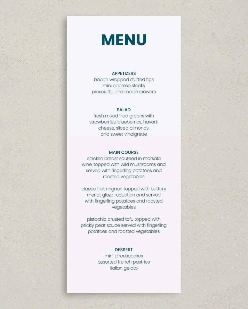 This is a 3⅝" x 8⅞" Wedding Menu Card called Circular Focus printed in full color on Premium Smooth paper