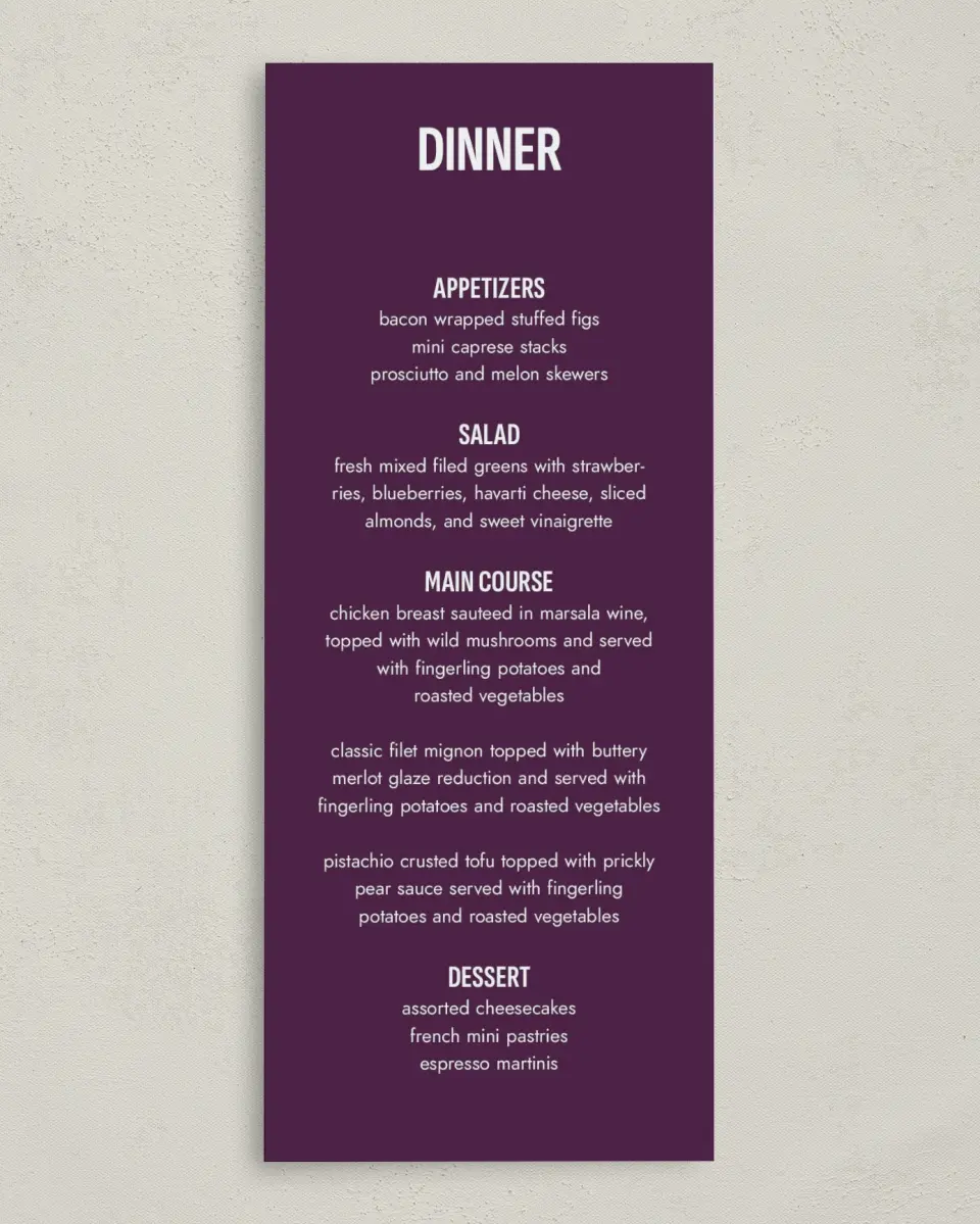 This is a 3⅝" x 8⅞" Wedding Menu Card called Sharp Structure printed in full color on Premium Smooth paper