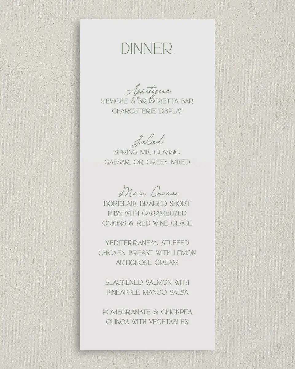 This is a 3⅝" x 8⅞" Wedding Menu Card called Contoured Connection printed in full color on Premium Smooth paper