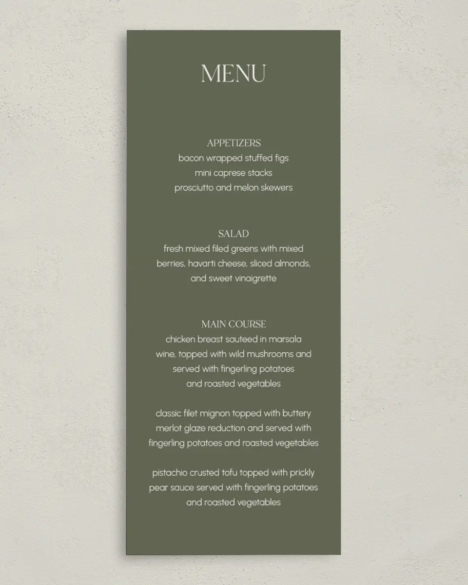 This is a 3⅝" x 8⅞" Wedding Menu Card called Refined Approach printed in full color on Premium Smooth paper