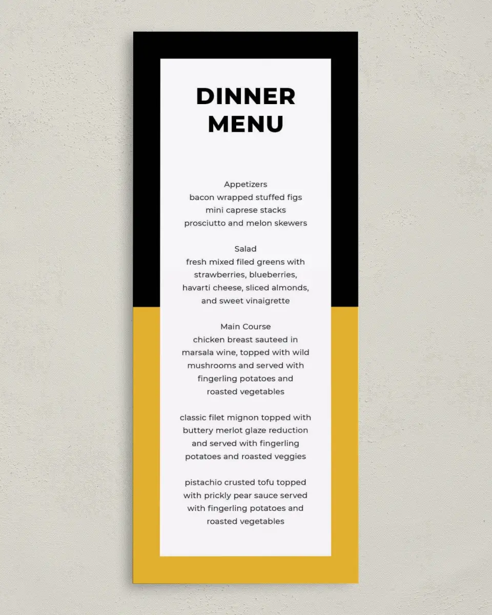 This is a 3⅝" x 8⅞" Wedding Menu Card called Bold Framework printed in full color on Premium Smooth paper