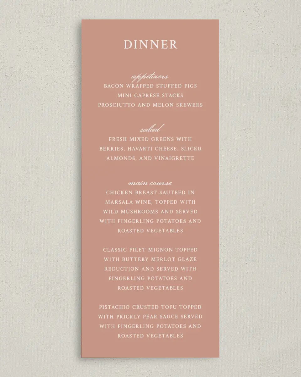 This is a 3⅝" x 8⅞" Wedding Menu Card called Modern Balance printed in full color on Premium Smooth paper