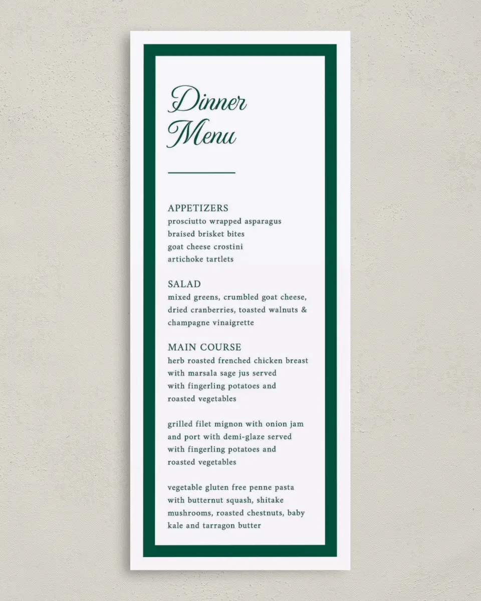 This is a 3⅝" x 8⅞" Wedding Menu Card called Lasting Legacy printed in full color on Premium Smooth paper