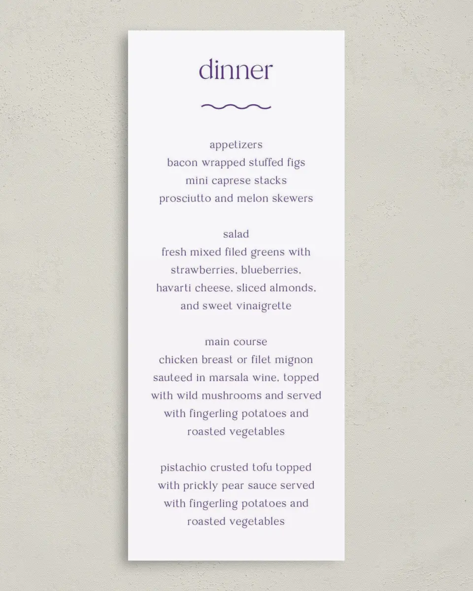 This is a 3⅝" x 8⅞" Wedding Menu Card called Scholarly Soirée printed in full color on Premium Smooth paper