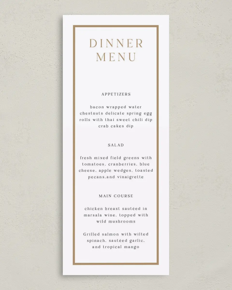 This is a 3⅝" x 8⅞" Wedding Menu Card called Make an Impact printed in full color on Premium Smooth paper
