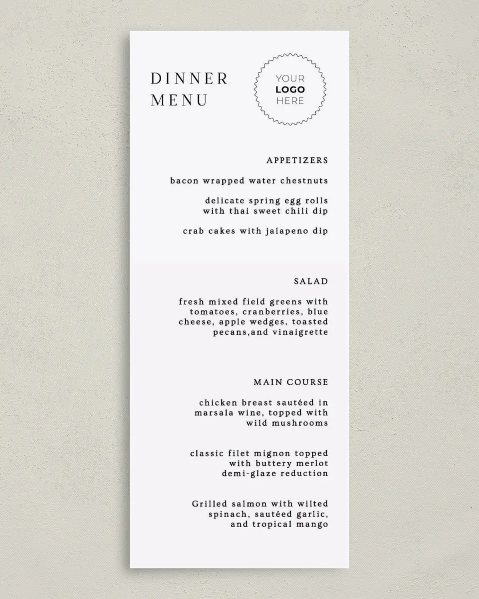 This is a 3⅝" x 8⅞" Wedding Menu Card called Starlight Gala printed in full color on Premium Smooth paper
