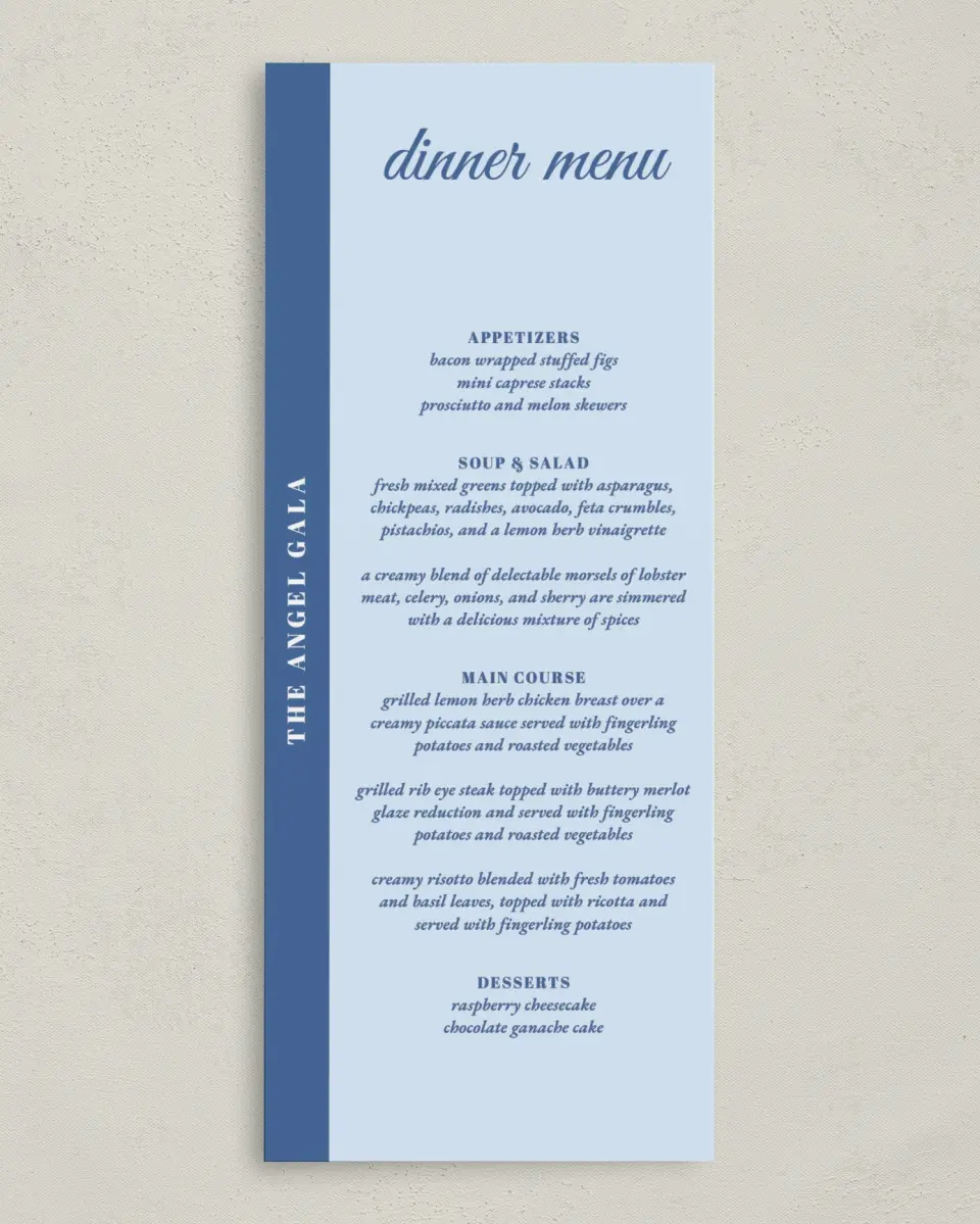 This is a 3⅝" x 8⅞" Wedding Menu Card called Healing Hearts printed in full color on Premium Smooth paper