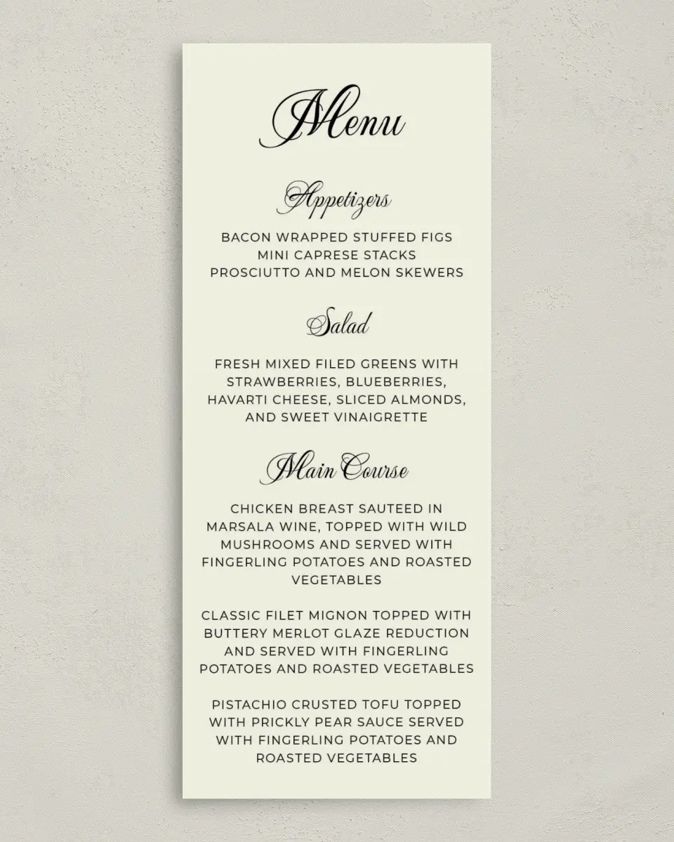 This is a 3⅝" x 8⅞" Wedding Menu Card called Grand Party printed in full color on Premium Smooth paper