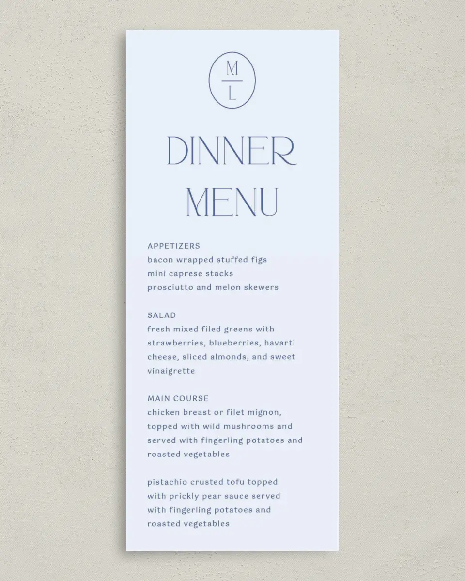 This is a 3⅝" x 8⅞" Wedding Menu Card called The Mila printed in full color on Premium Smooth paper