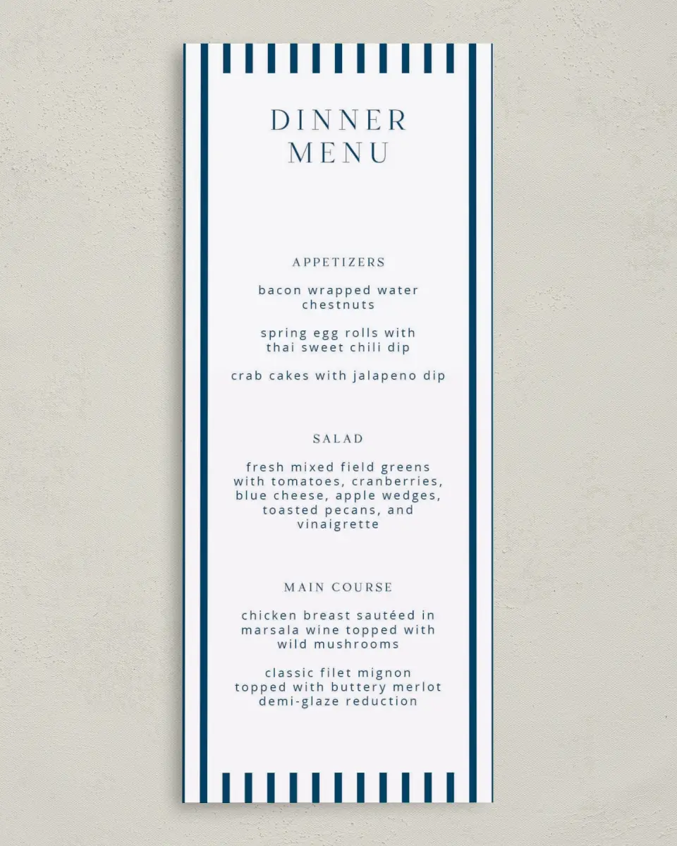 This is a 3⅝" x 8⅞" Wedding Menu Card called The Addison printed in full color on Premium Smooth paper