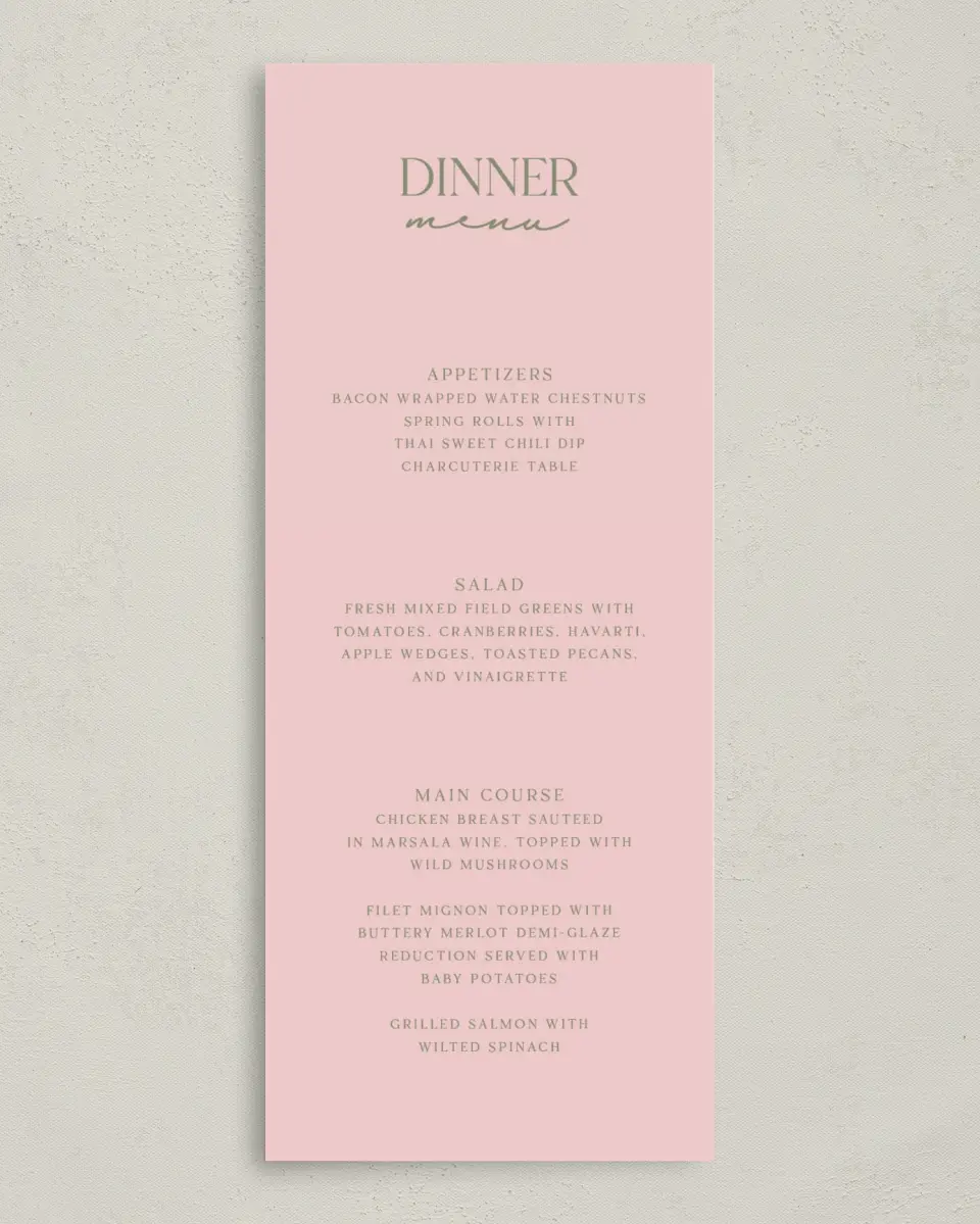 This is a 3⅝" x 8⅞" Wedding Menu Card called The Jolene printed in full color on Premium Smooth paper