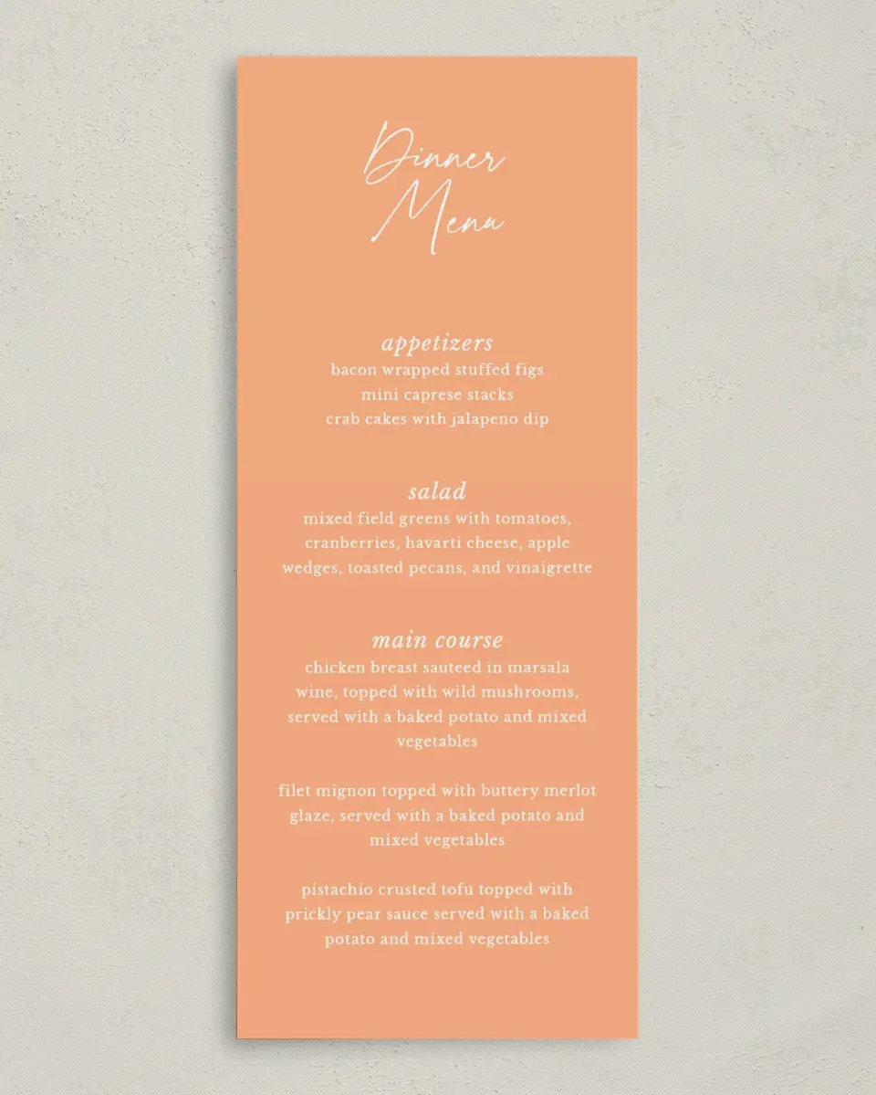 This is a 3⅝" x 8⅞" Wedding Menu Card called The Jess printed in full color on Premium Smooth paper