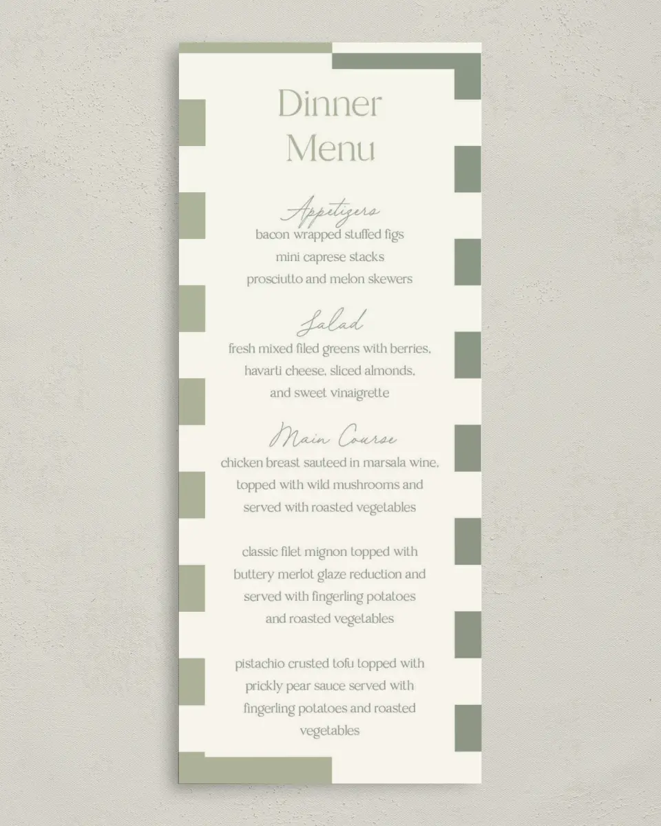 This is a 3⅝" x 8⅞" Wedding Menu Card called The Penelope printed in full color on Premium Smooth paper