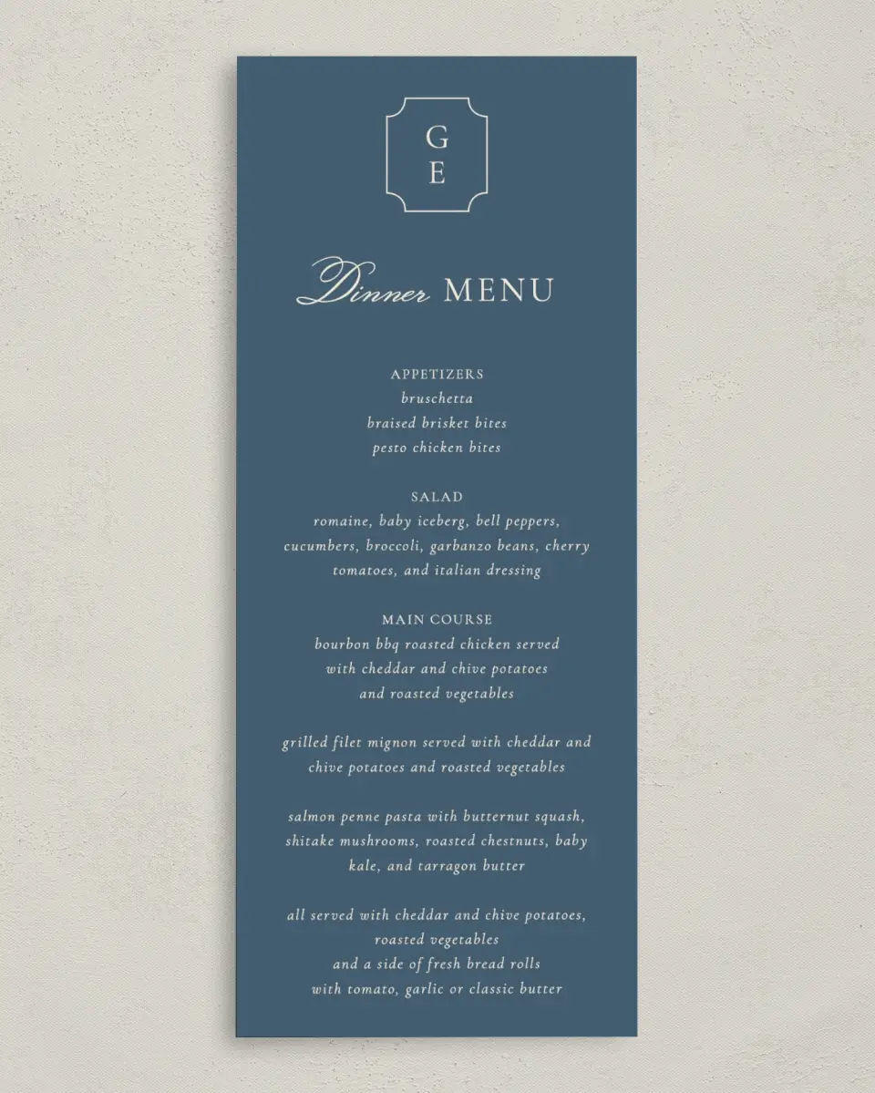 This is a 3⅝" x 8⅞" Wedding Menu Card called The Georgia printed in full color on Premium Smooth paper