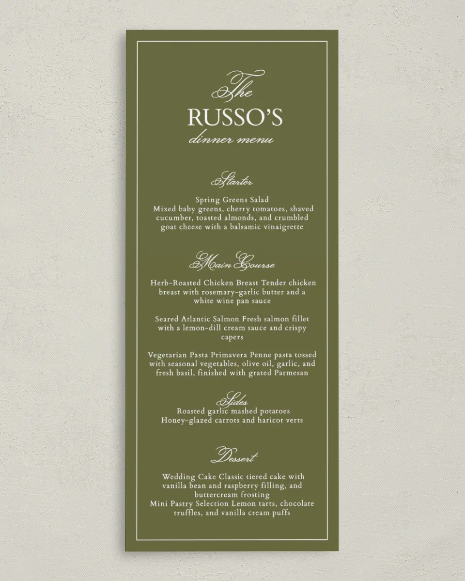 This is a 3⅝" x 8⅞" Wedding Menu Card called Holloway printed in full color on Premium Smooth paper