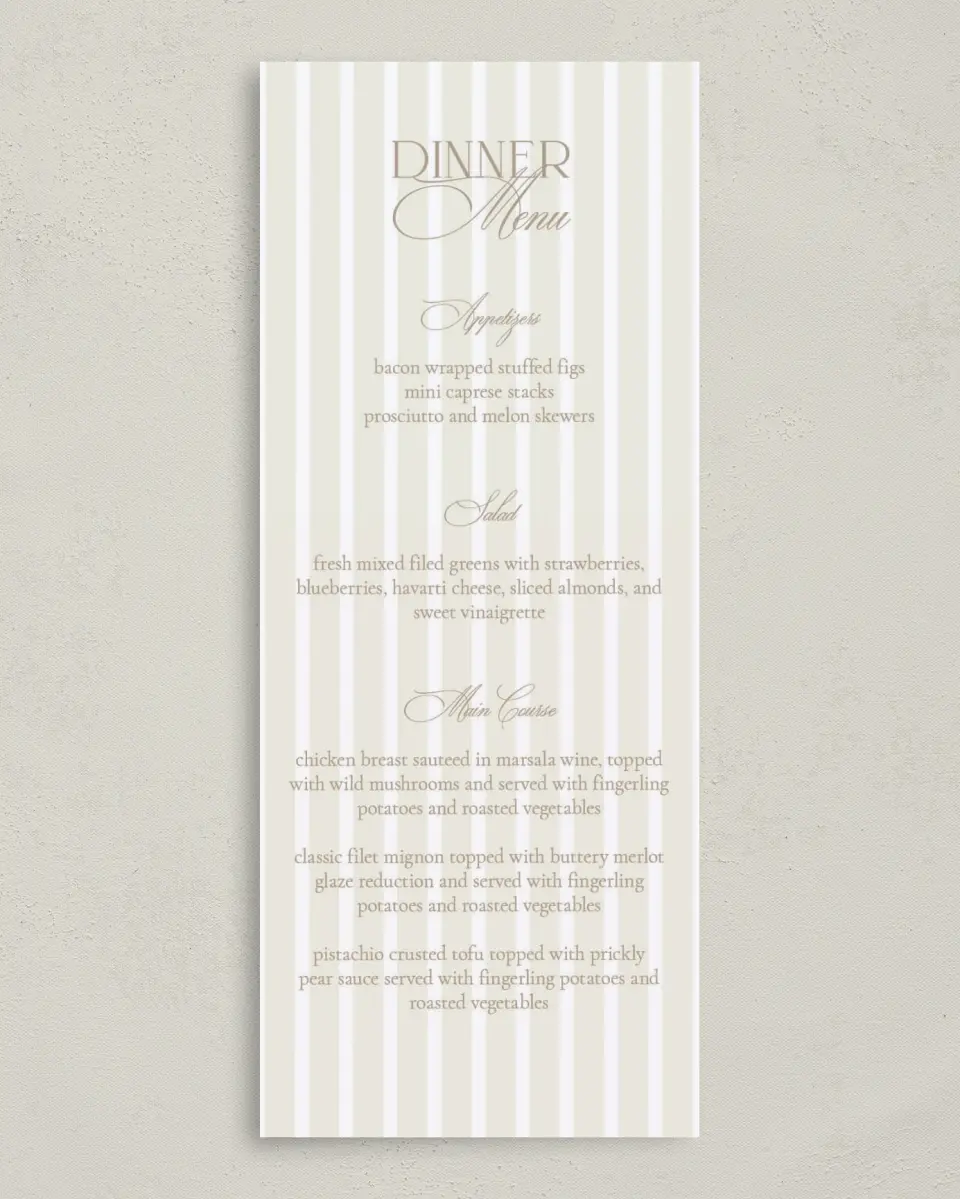 This is a 3⅝" x 8⅞" Wedding Menu Card called Kensington printed in full color on Premium Smooth paper