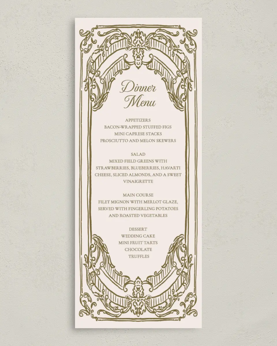 This is a 3⅝" x 8⅞" Wedding Menu Card called Nantucket printed in full color on Premium Smooth paper