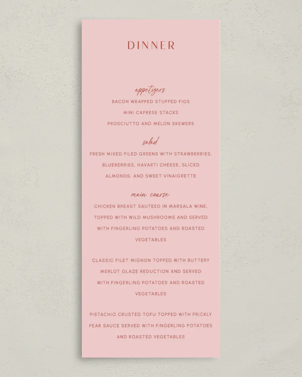 This is a 3⅝" x 8⅞" Wedding Menu Card called Boathouse Bliss printed in full color on Premium Smooth paper