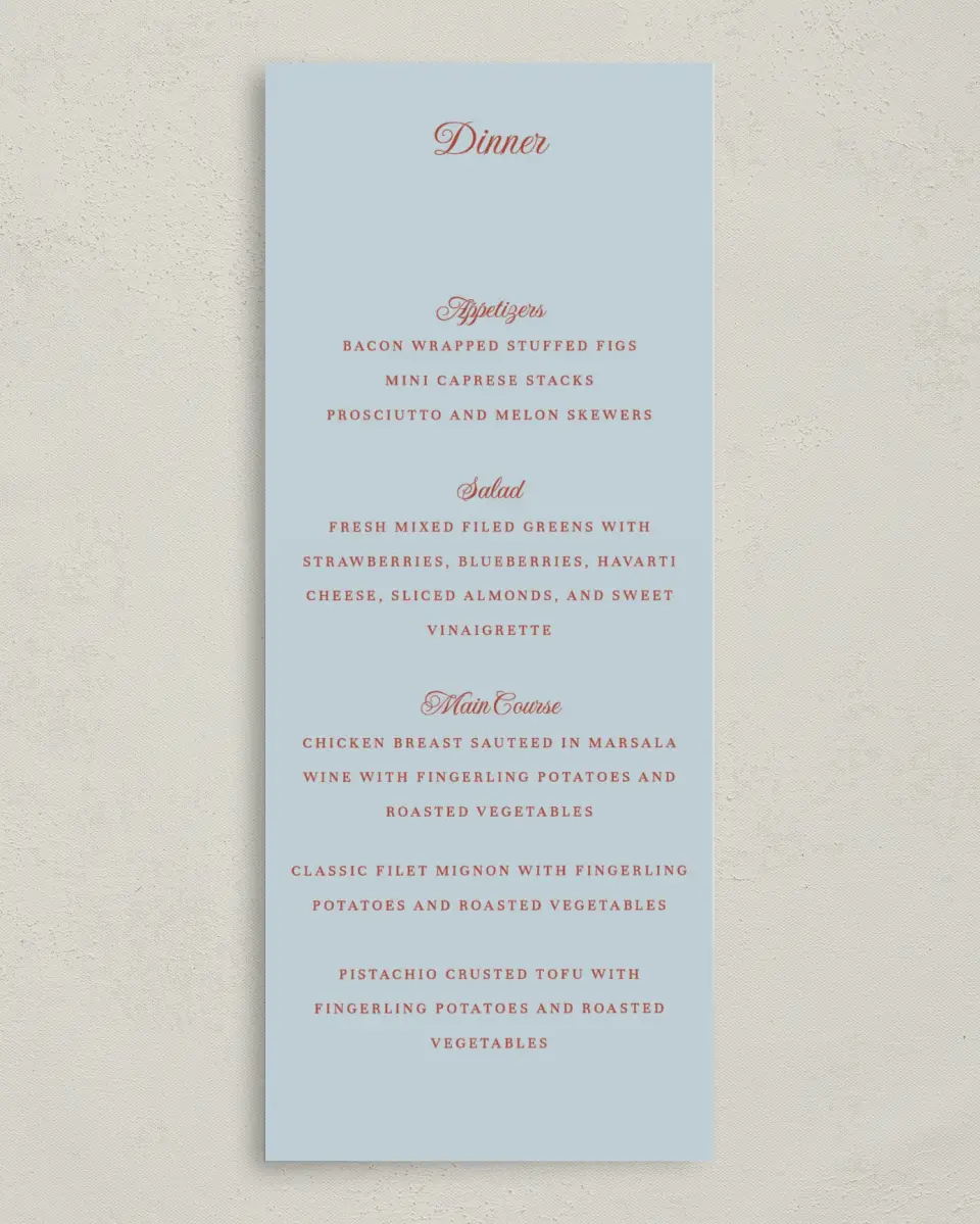 This is a 3⅝" x 8⅞" Wedding Menu Card called Mod Elegance printed in full color on Premium Smooth paper