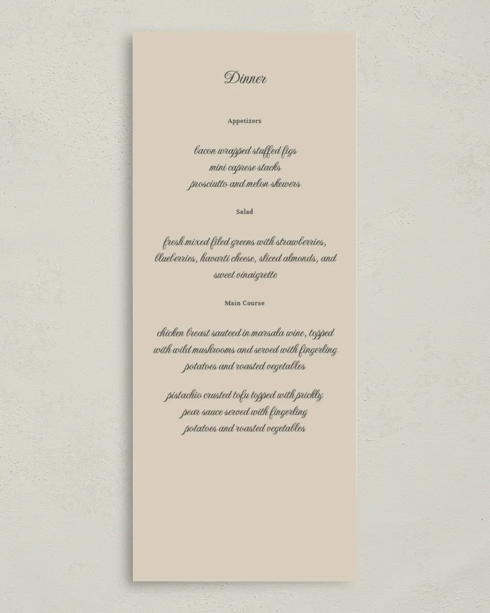This is a 3⅝" x 8⅞" Wedding Menu Card called Winter Wildflowers printed in full color on Premium Smooth paper