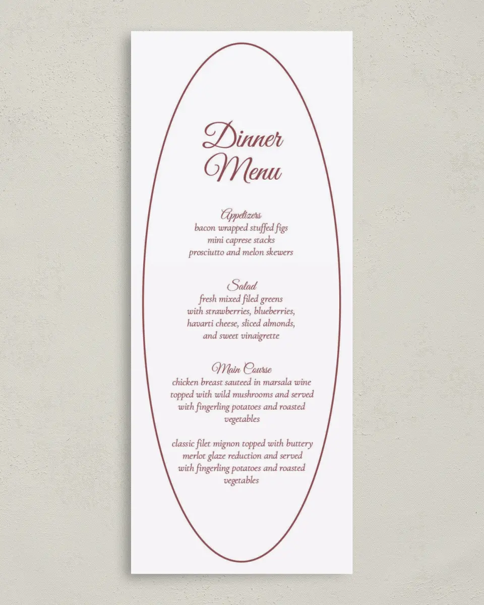 This is a 3⅝" x 8⅞" Wedding Menu Card called Elegant Autumn printed in full color on Premium Smooth paper