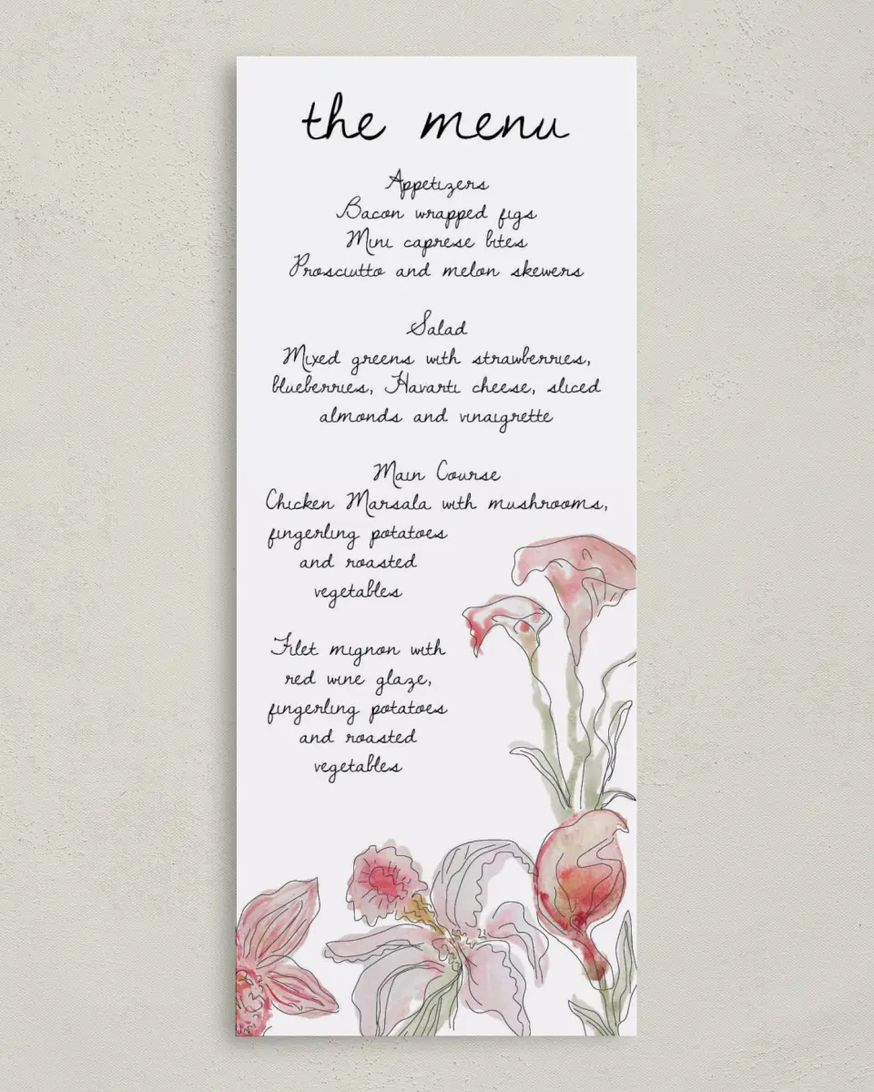 This is a 3⅝" x 8⅞" Wedding Menu Card called Forever Bud printed in full color on Premium Smooth paper