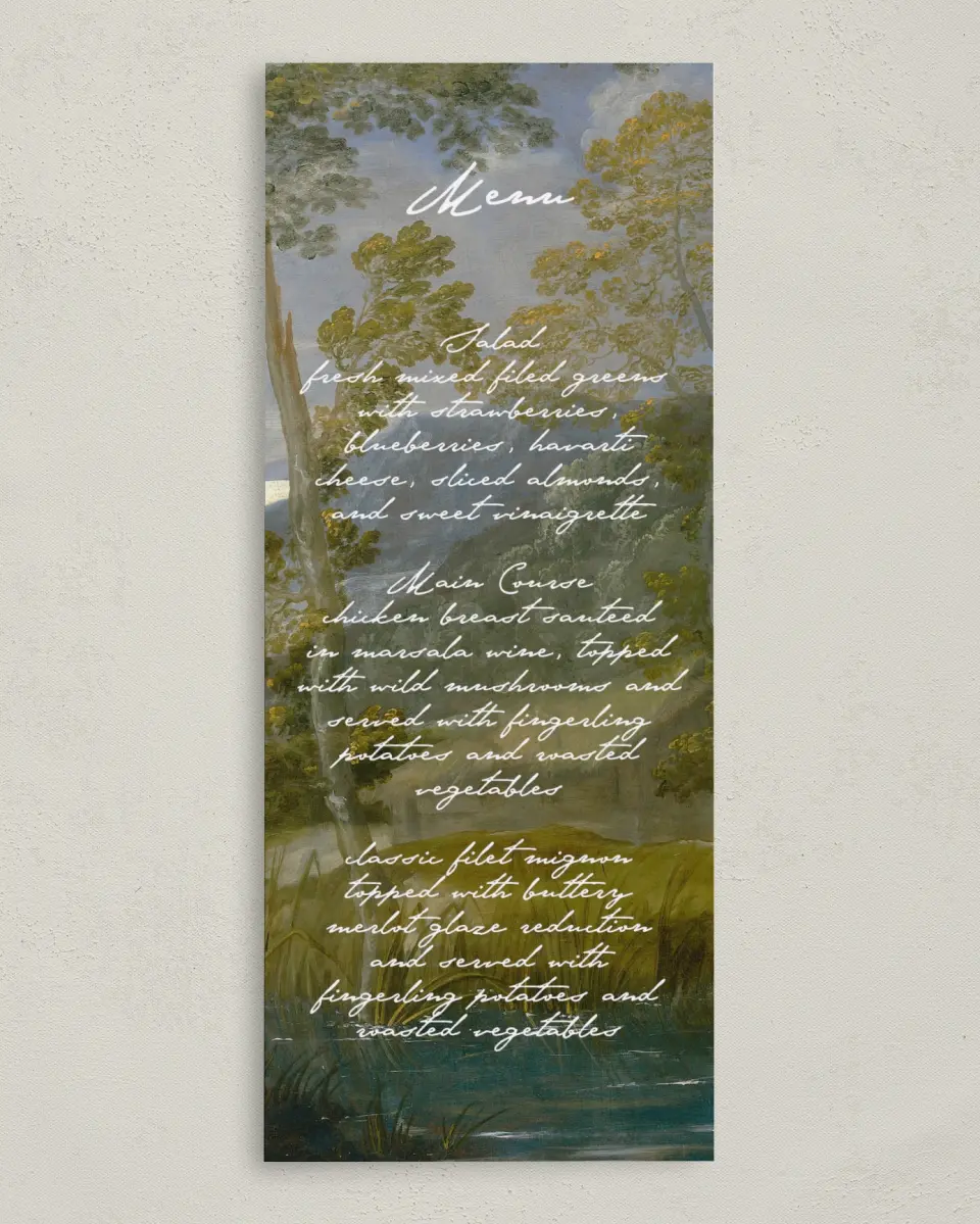 This is a 3⅝" x 8⅞" Wedding Menu Card called With Love printed in full color on Premium Smooth paper