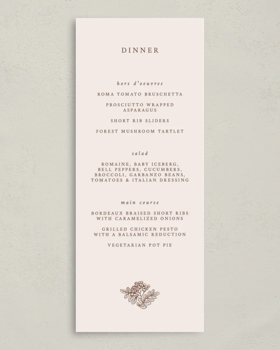 This is a 3⅝" x 8⅞" Wedding Menu Card called Autumn Vow printed in full color on Premium Smooth paper