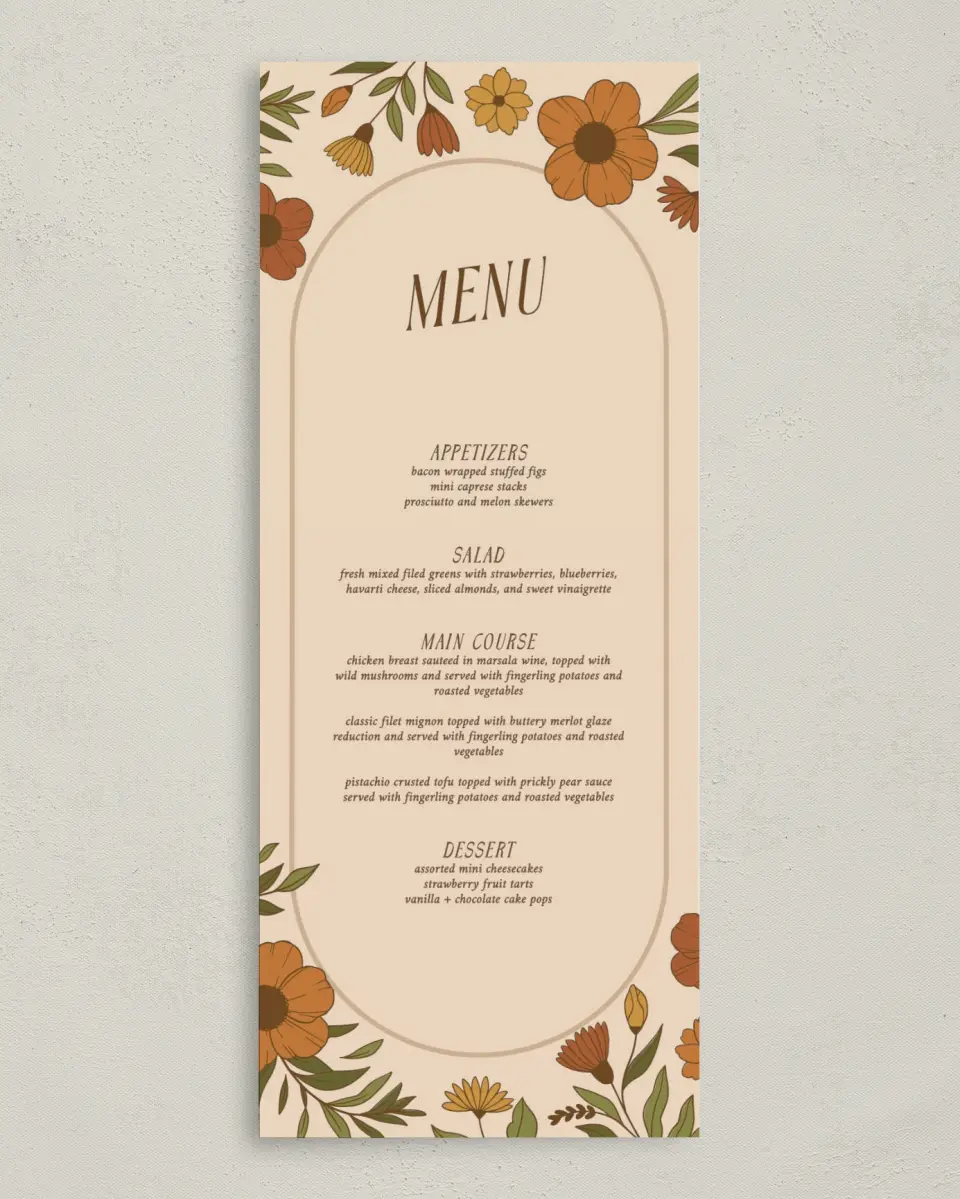 This is a 3⅝" x 8⅞" Wedding Menu Card called Wild + Bright printed in full color on Premium Smooth paper