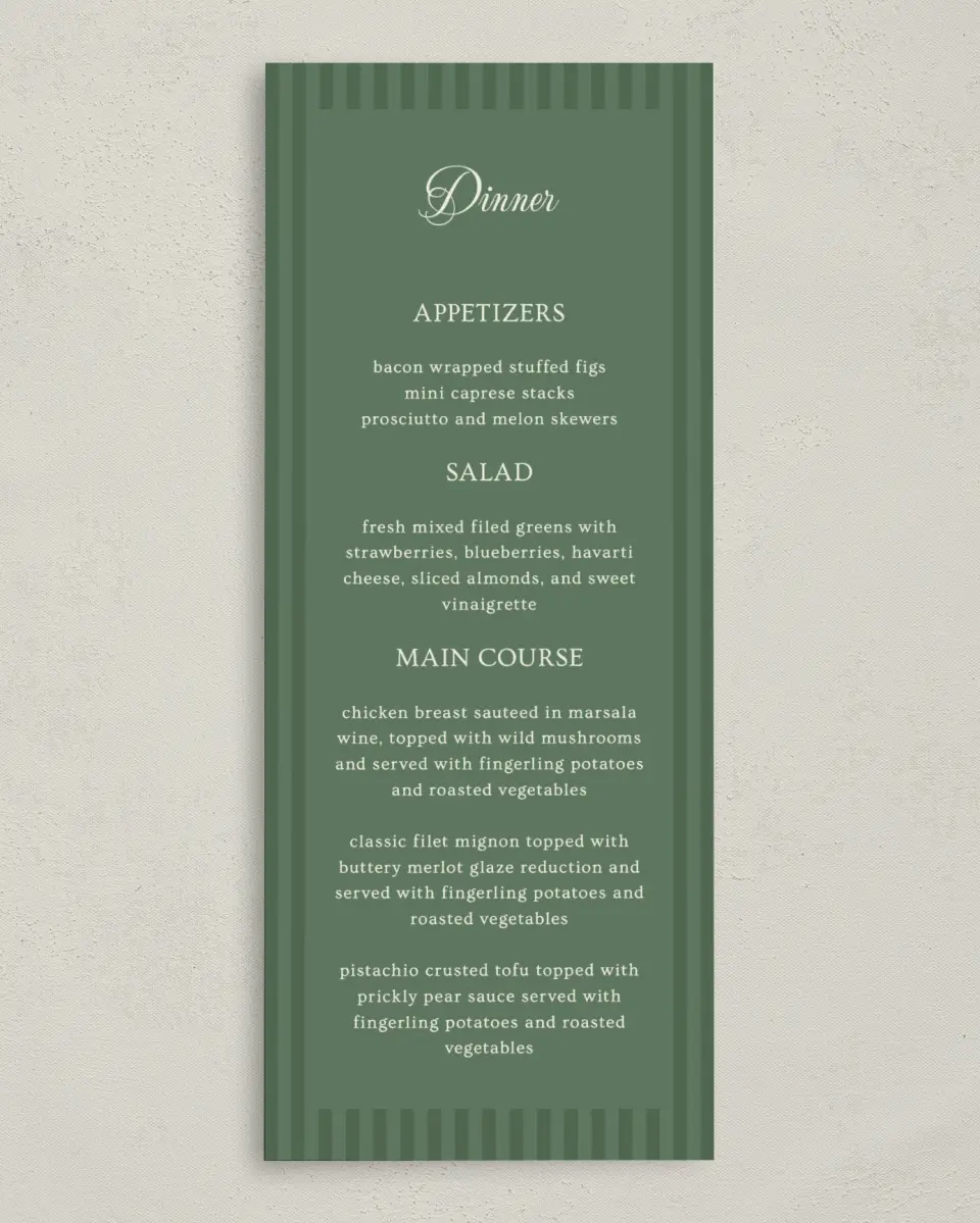 This is a 3⅝" x 8⅞" Wedding Menu Card called Warwick printed in full color on Premium Smooth paper