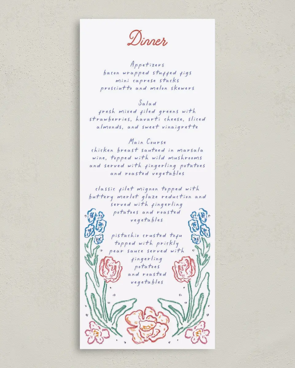 This is a 3⅝" x 8⅞" Wedding Menu Card called Whimsy Love printed in full color on Premium Smooth paper