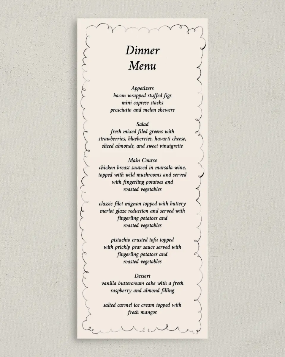This is a 3⅝" x 8⅞" Wedding Menu Card called Mi Amor printed in full color on Premium Smooth paper