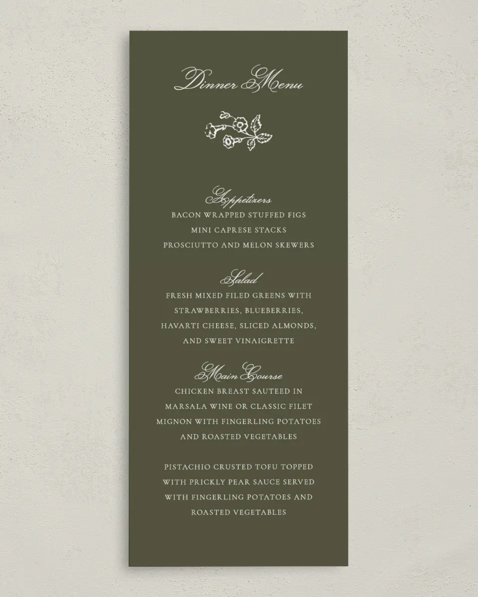 This is a 3⅝" x 8⅞" Wedding Menu Card called Holderness printed in full color on Premium Smooth paper