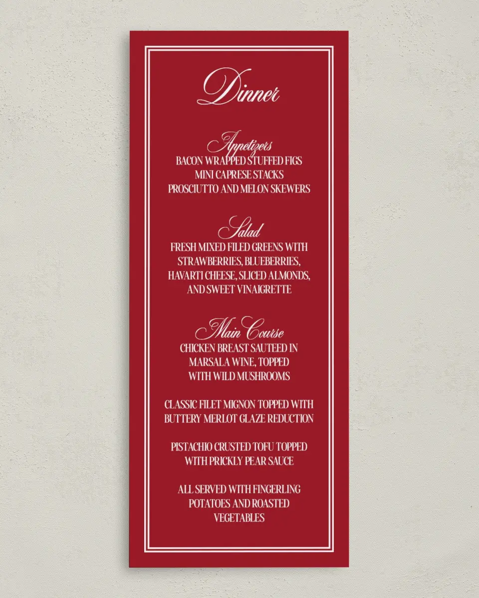 This is a 3⅝" x 8⅞" Wedding Menu Card called Montecito printed in full color on Premium Smooth paper