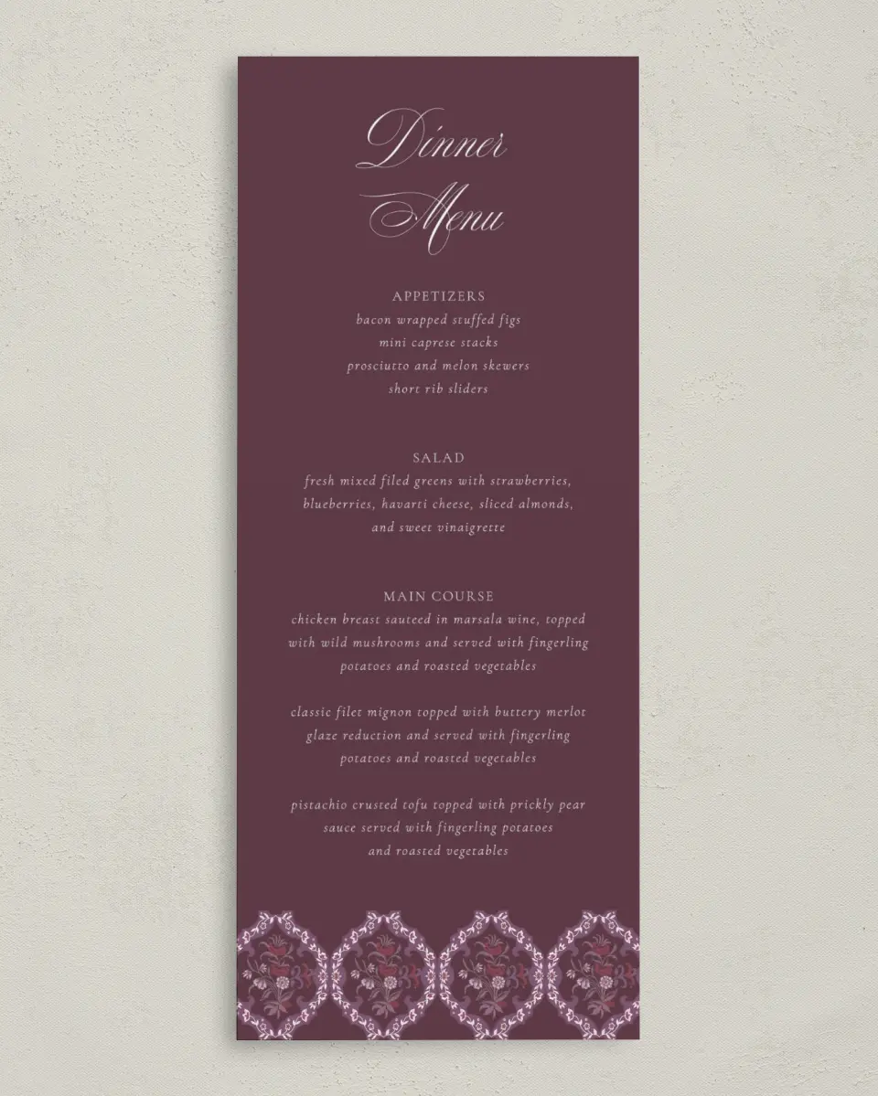 This is a 3⅝" x 8⅞" Wedding Menu Card called Georgetown printed in full color on Premium Smooth paper