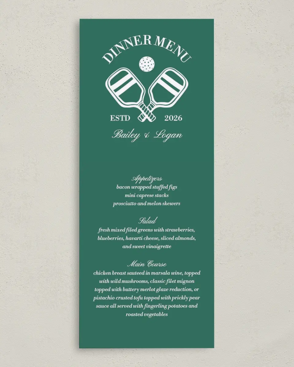 This is a 3⅝" x 8⅞" Wedding Menu Card called Serving Up Forever printed in full color on Premium Smooth paper