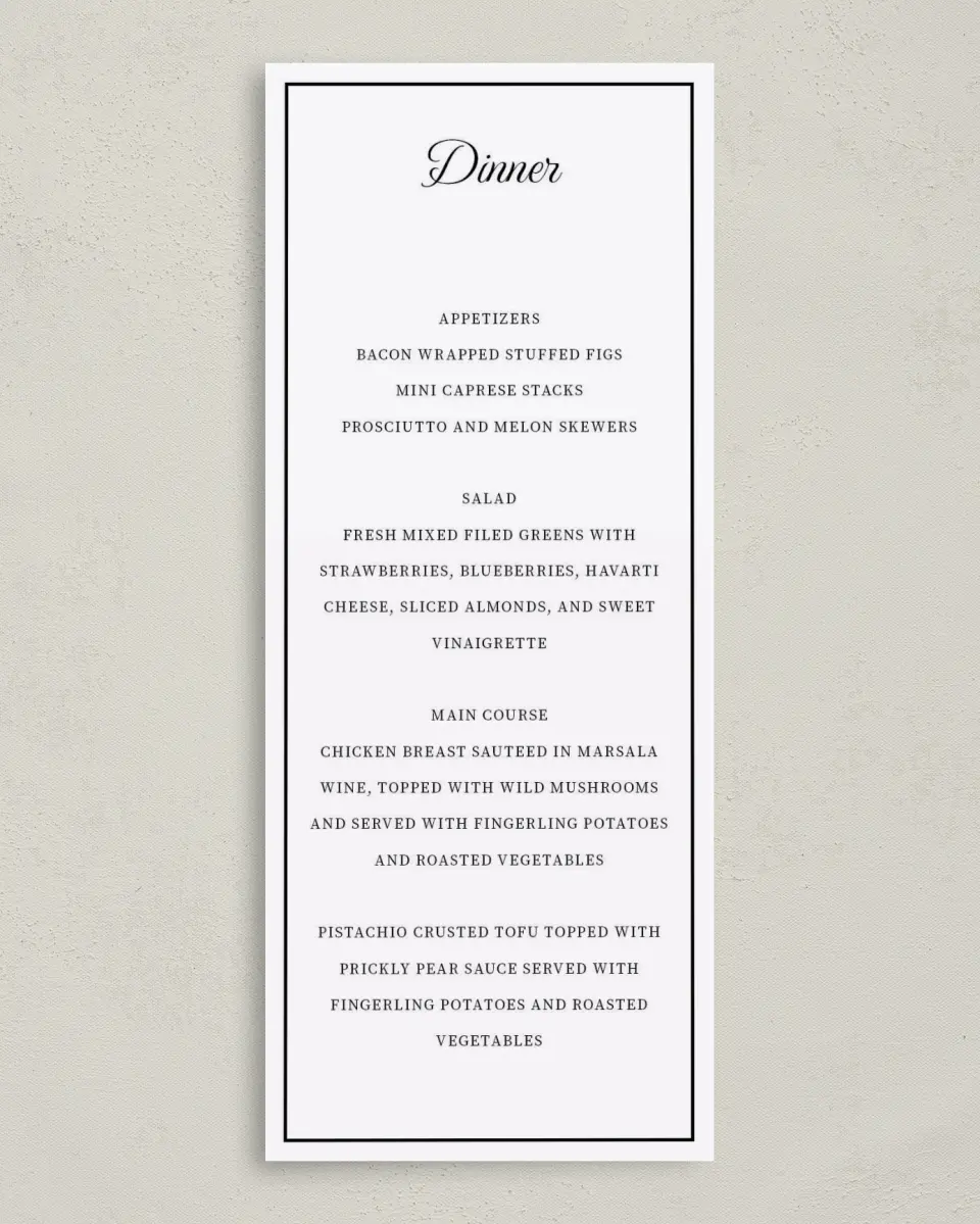 This is a 3⅝" x 8⅞" Wedding Menu Card called Scarsdale printed in full color on Premium Smooth paper
